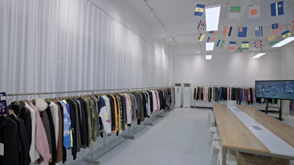 Dongguan Mingwei Garment menswear showroom displaying T-shirts hoodies jackets and jeans samples OEM ODM apparel manufacturer in Dongguan China